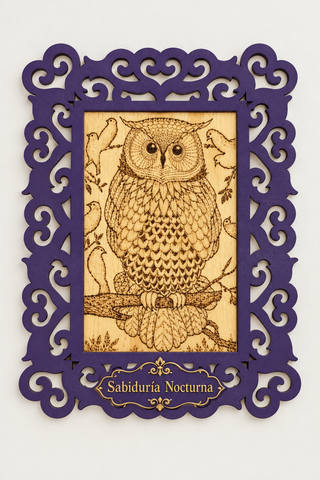 Diseño Sabiduría Nocturna - arte en madera pirograbado con placa de nombre