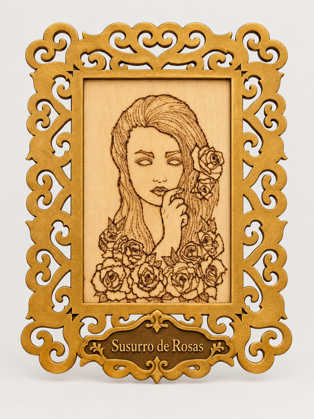 Diseño Susurro de Rosas - arte en madera pirograbado con placa de nombre