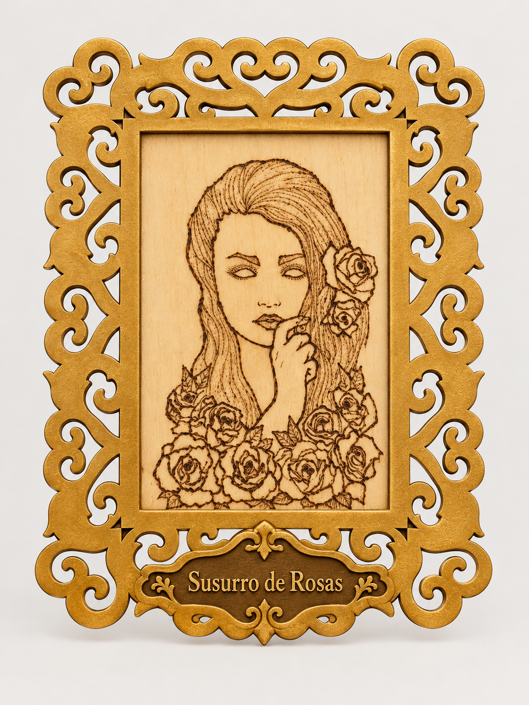 Diseño Susurro de Rosas - arte en madera pirograbado con placa de nombre