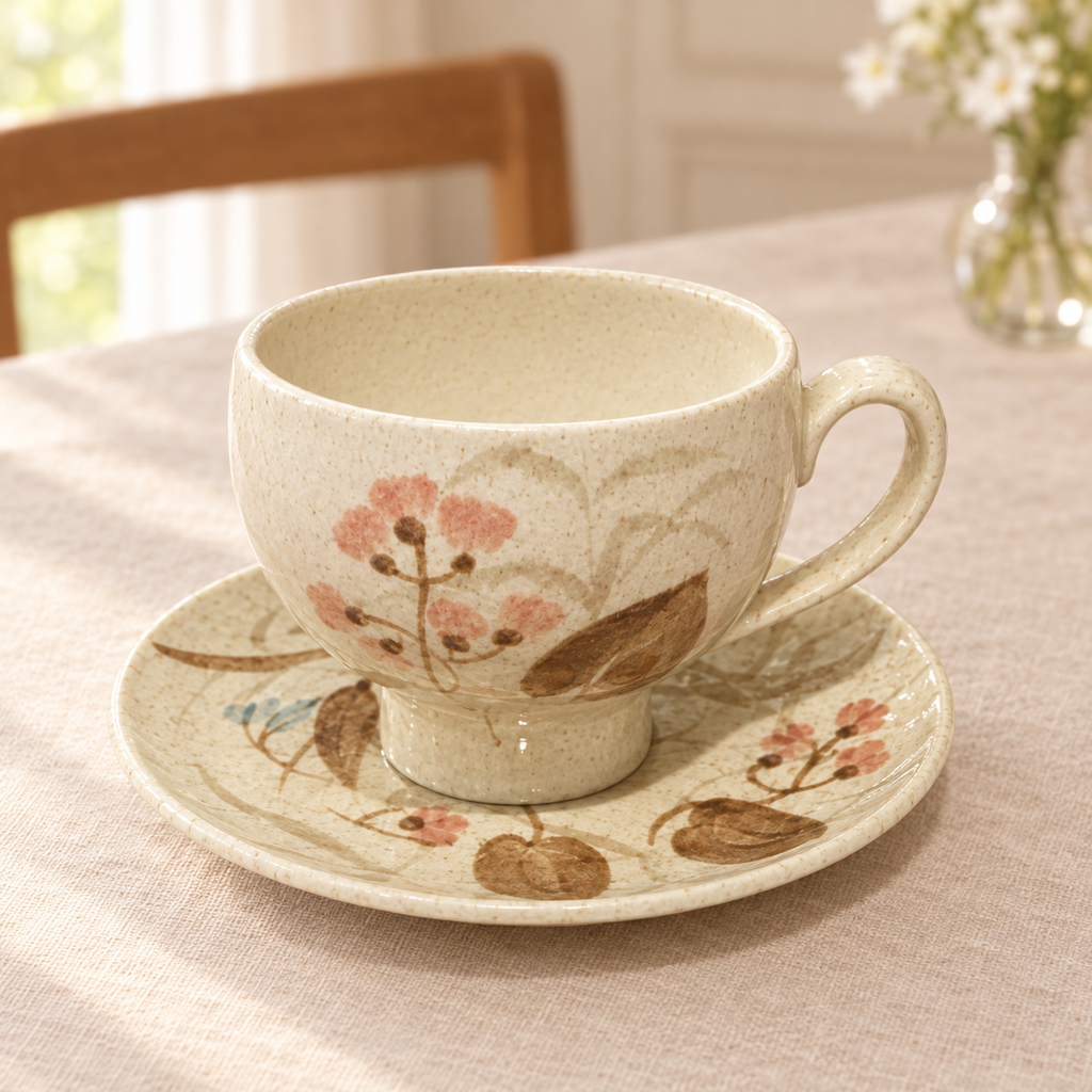 Detalle de la taza floral con su plato sobre mesa elegante; ambientación ilustrativa creada con IA