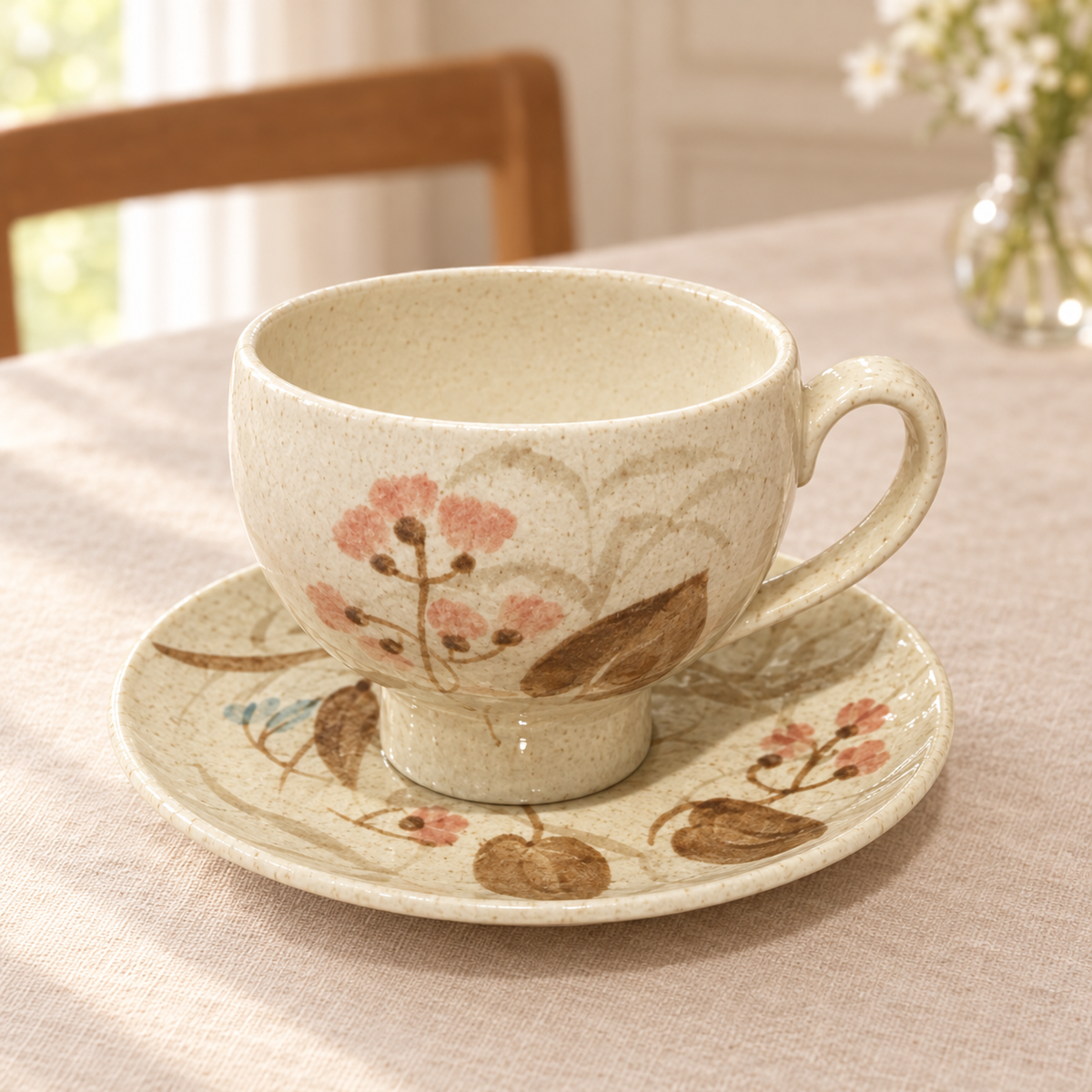 Detalle de la taza floral con su plato sobre mesa elegante; ambientación ilustrativa creada con IA