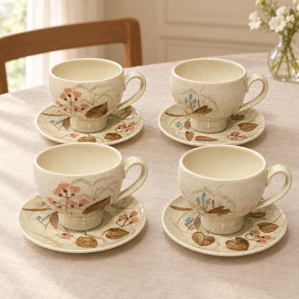 Encanto Floral: cuatro tazas con platos sobre una mesa elegante; ambientación ilustrativa creada con IA