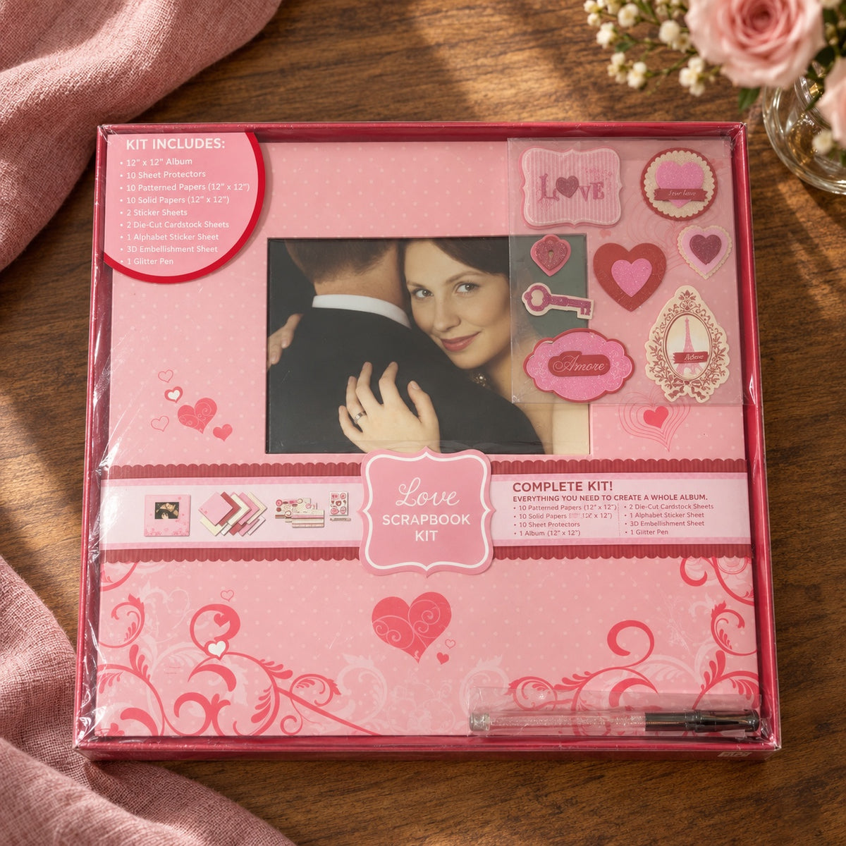 Kit de álbum scrapbook Love 12x12 rosa con corazones, adornos 3D y bolígrafo con brillantina