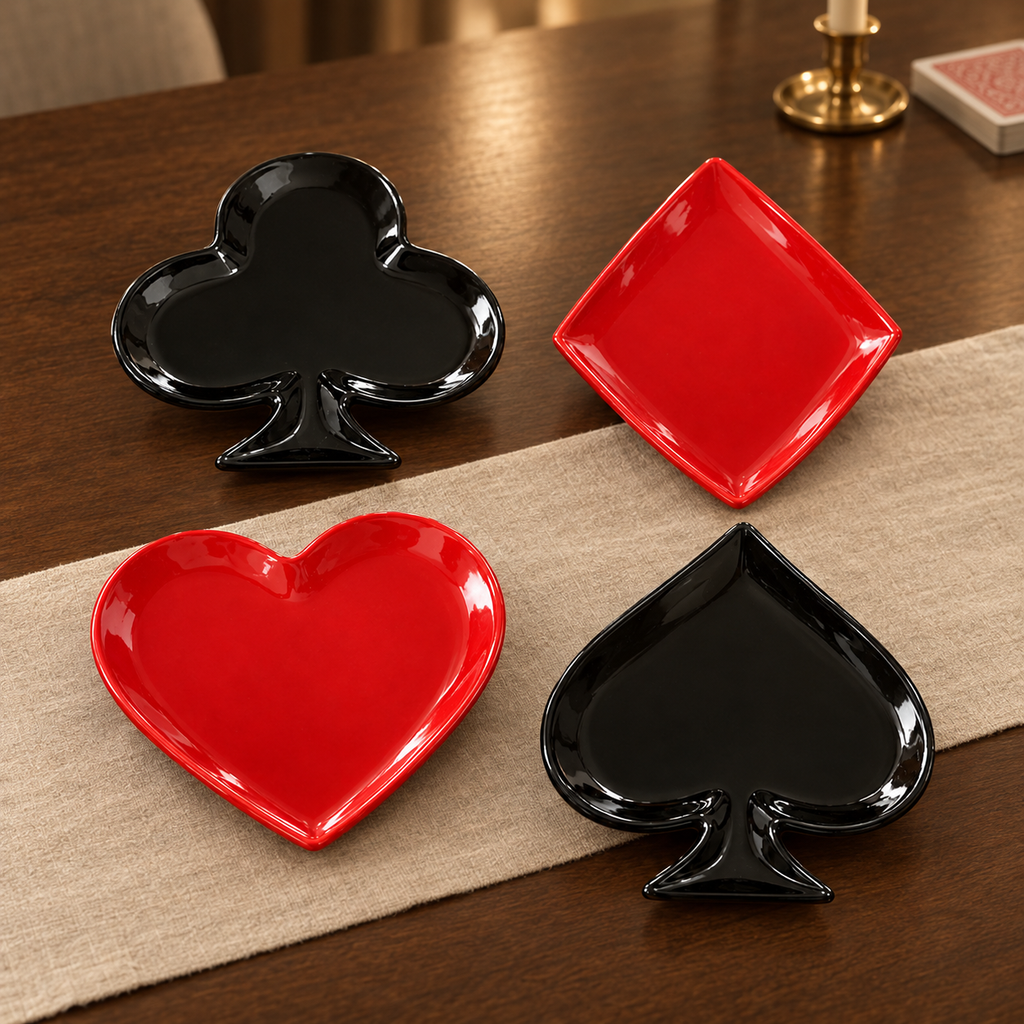 Noche de Cartas: juego de cuatro platos de porcelana sobre madera oscura y camino de mesa claro; ambientación ilustrativa creada con IA