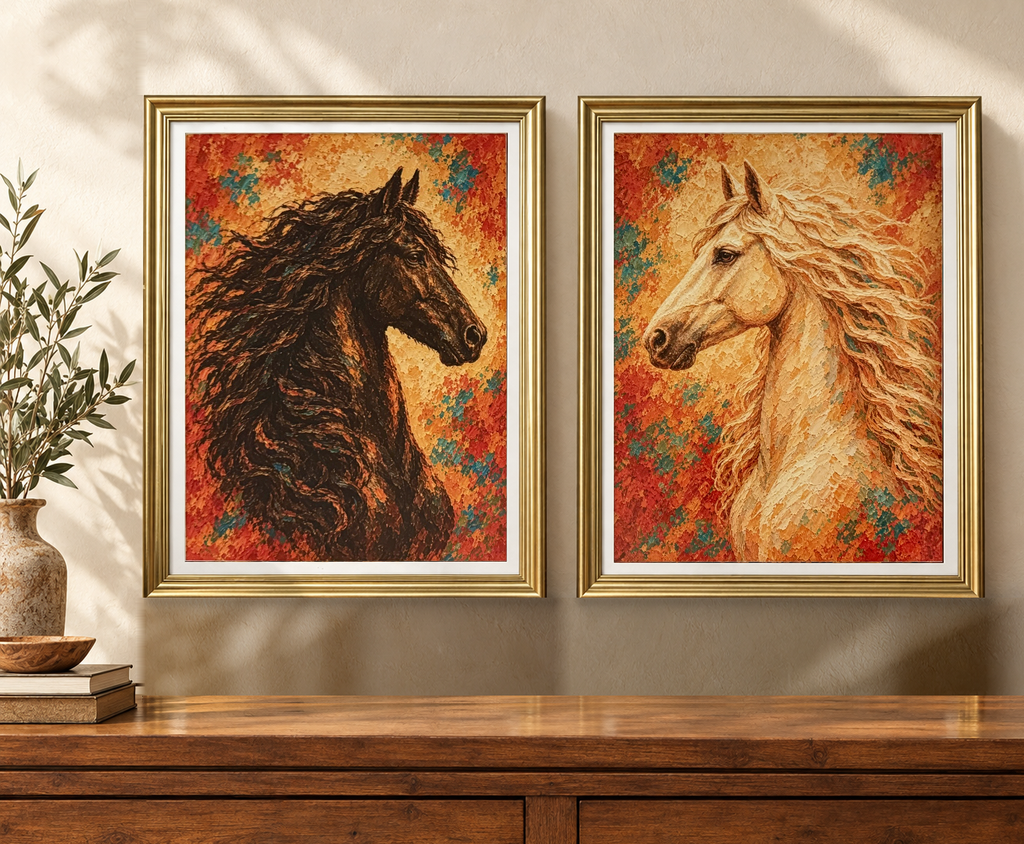 Vista del Set de 2 cuadros de caballos Nobleza Indómita colgados en la pared (incluyen aditamento trasero para colgar)