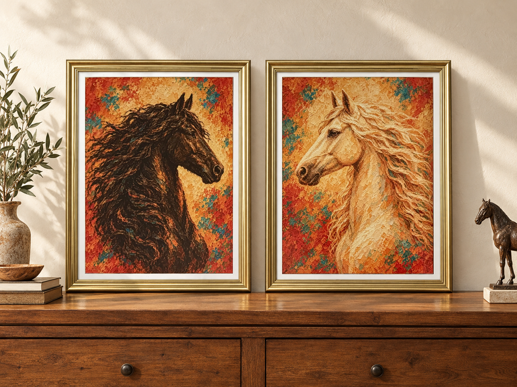Set de 2 cuadros de caballos Nobleza Indómita con marco dorado sobre consola (11.5 x 9 pulgadas cada uno)