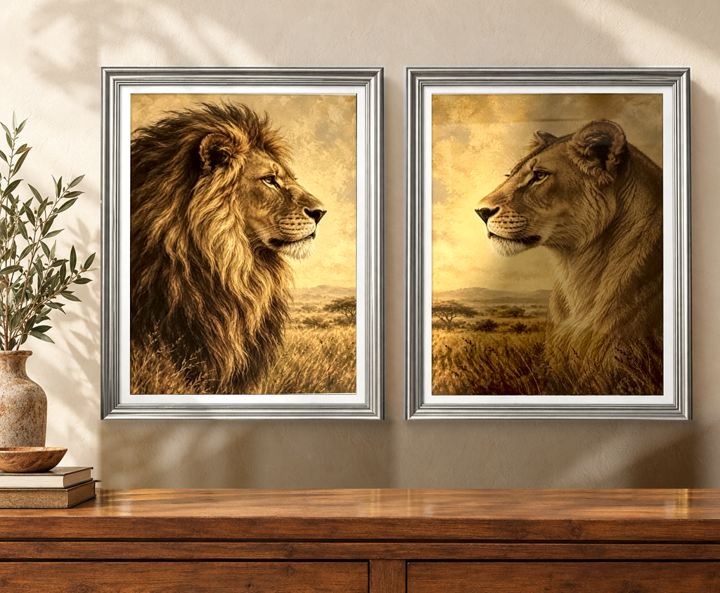 Vista del Set de 2 cuadros de león y leona Reyes de la Sabana colgados en la pared (incluyen aditamento trasero para colgar)