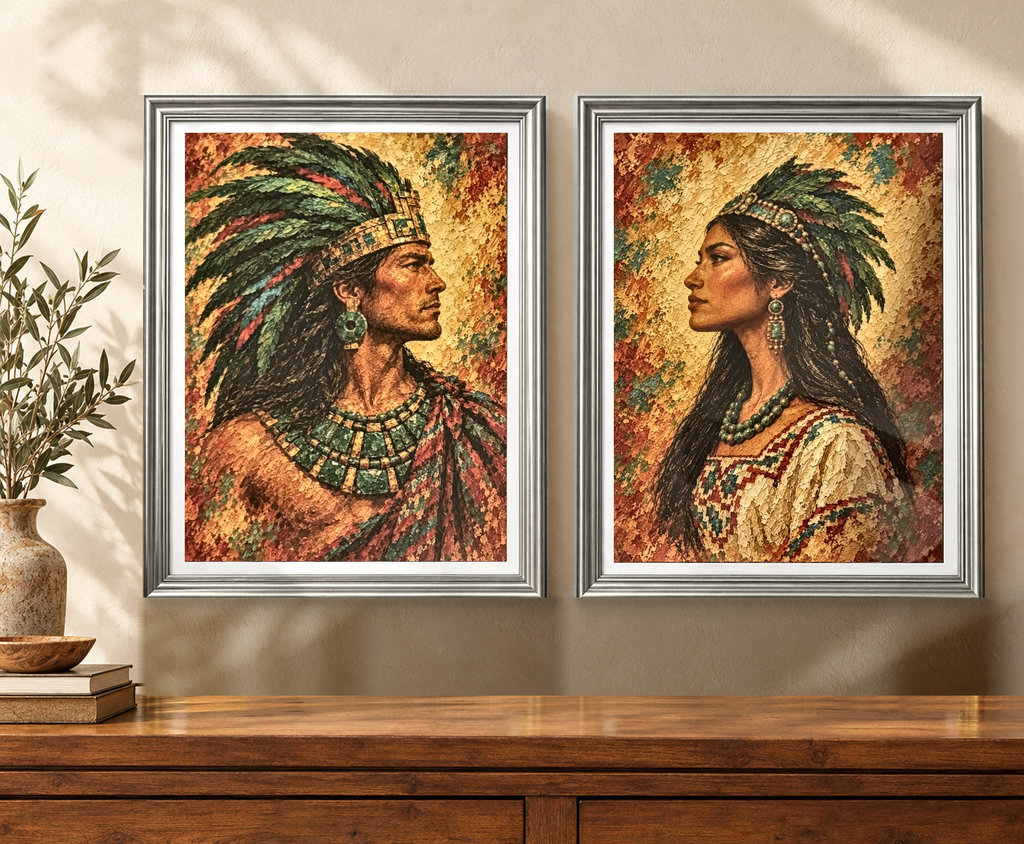 Vista del Set de 2 cuadros Linaje de Jade y Quetzal colgados en la pared (incluyen aditamento trasero para colgar)