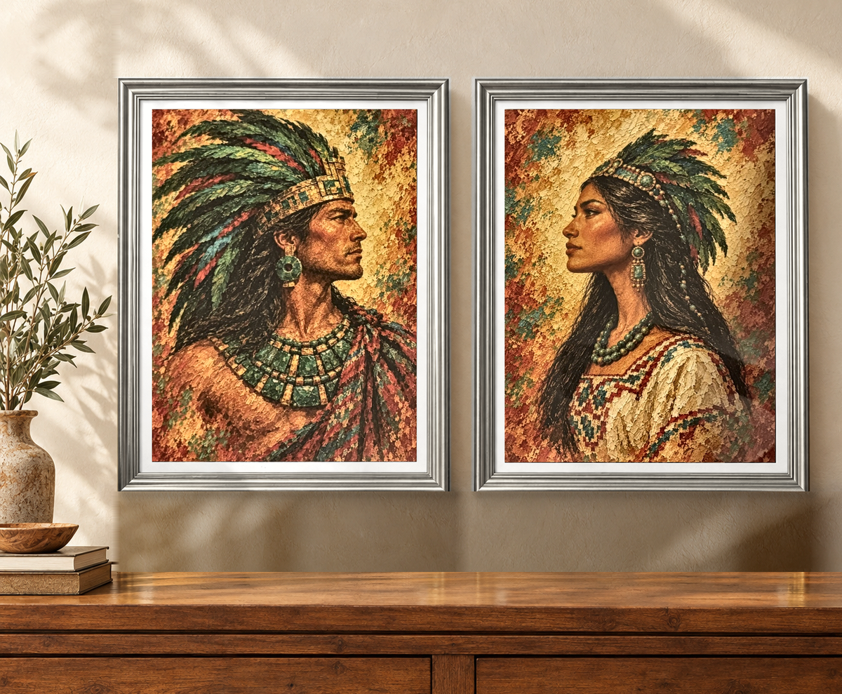 Vista del Set de 2 cuadros Linaje de Jade y Quetzal colgados en la pared (incluyen aditamento trasero para colgar)