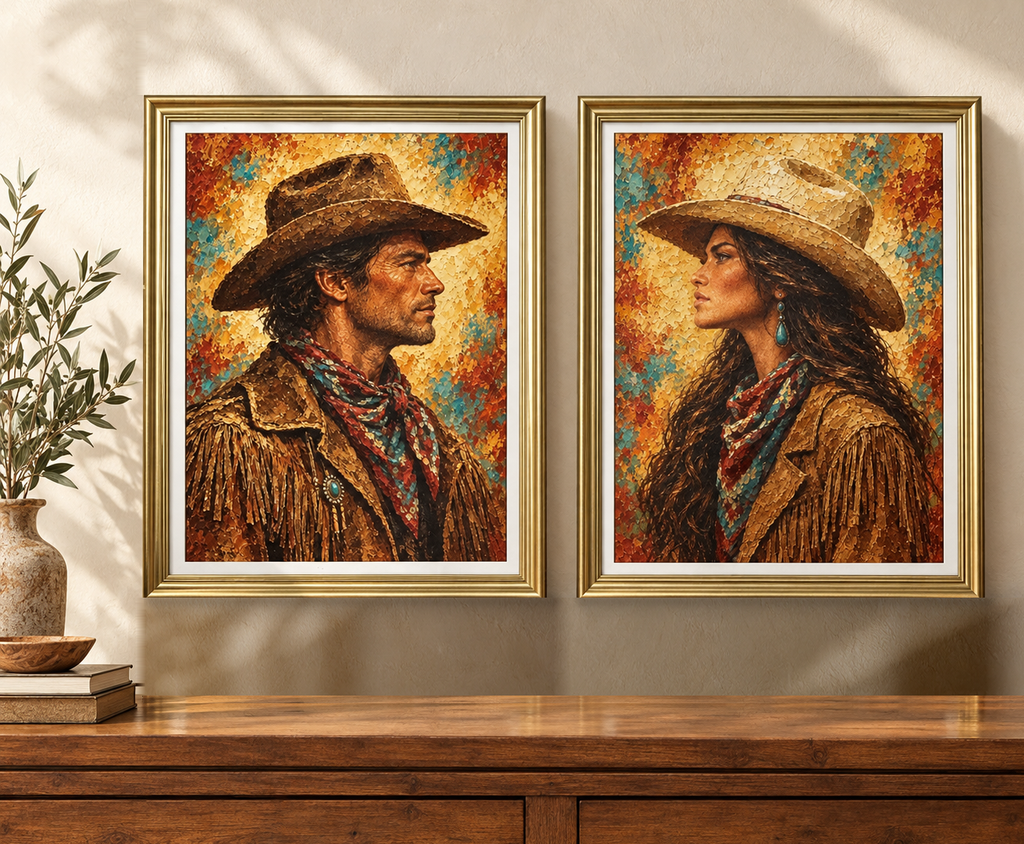 Vista del Set de 2 cuadros Espíritu del Oeste colgados en la pared (incluyen aditamento trasero para colgar)