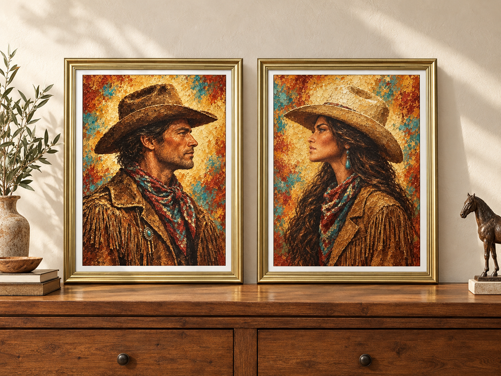 Set de 2 cuadros de vaqueros Espíritu del Oeste con marco dorado (11.5 x 9 pulgadas cada uno)
