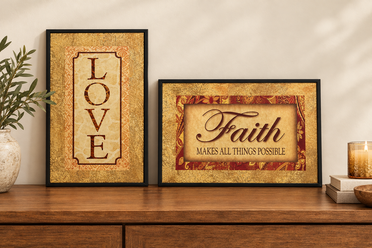 Set de 2 Cuadros Decorativos LOVE y Faith – Acabado Dorado Texturizado (11 x 7 pulgadas)