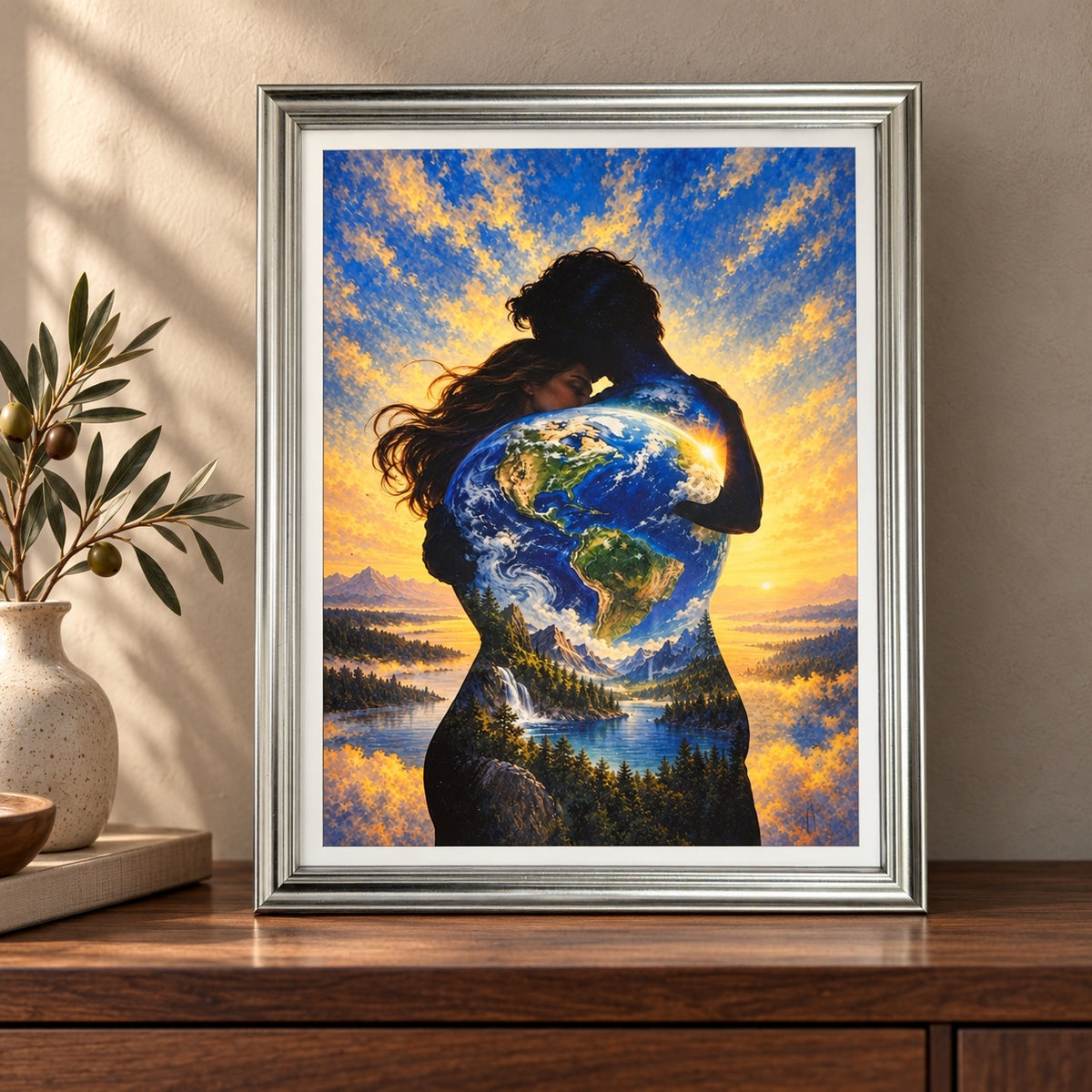Un Mundo Entre los Dos — Cuadro surrealista con marco plateado (11.5 x 9 pulgadas)